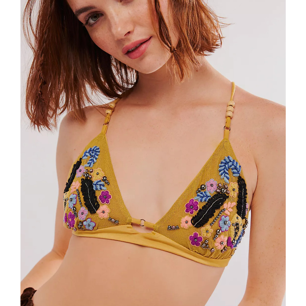 FREE PEOPLE INTIMATELY GOLD CALLA EMBELLISHED EMBROIDERED BRALETTE BRA TOP XS